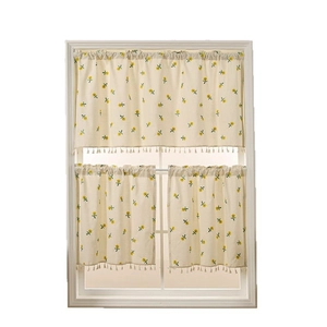 Three-piece floral kitchen cafe curtains with yellow flower prints and white tassels