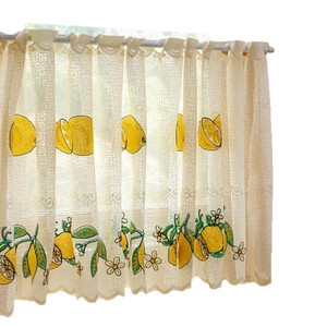 Lace cafe curtain with lemon embroidery, cream white fabric and wavy scalloped edges