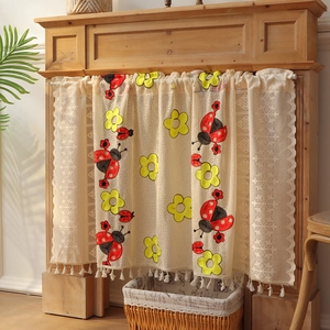 Elegant beige coffee curtain with yellow floral embroidery and delicate lace trim
