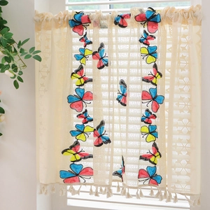 Checkered lace cafe curtain with colorful butterfly embroidery and elegant fringe trim