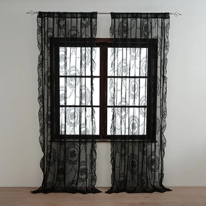 Detail of black French lace curtain featuring delicate oval floral patterns and mesh texture