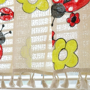 Short coffee curtain with mesh fabric, ladybug embroidery and white tassels