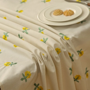 Waterproof cream cotton linen tablecloth with yellow floral embroidery for dining table
