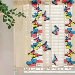 Beige lace cafe curtain with colorful butterfly embroidery and white tassel trim décor