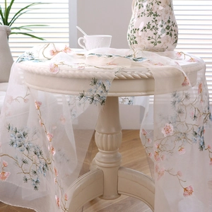 White sheer table cloth with elegant pine and plum blossom embroidery for round tables
