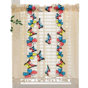 Lace cafe curtain with colorful butterfly embroidery and fringe tassels for windows