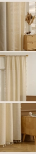 Detail of linen curtains showing rod pocket top and boho fringe edges in beige