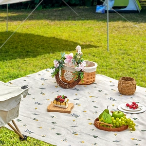 Wheat Embroidery Linen Picnic Mat Foldable Outdoor Beach Blanket Pastoral Floral Camping Ground Mat Travel Accessories