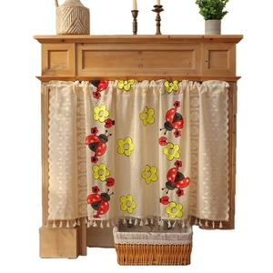 Embroidered ladybug and flower cafe curtain with lace edges and white cotton tassels
