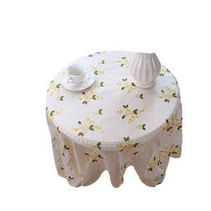 Elegant white round lace tablecloth with yellow floral embroidery for home dining decor