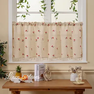 Embroidered Cafe Curtain Linen Look Short Window Treatment Cherry Pineapple Pattern Tassel Trim Rod Pocket Kitchen Decor