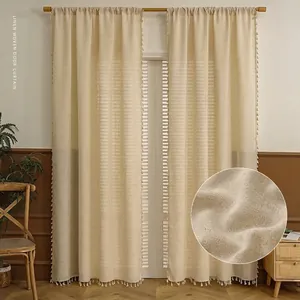 Japanese Minimalist Polyester Linen Texture Door Curtain With Tassels Beige Semi Shading Window Curtain For Home Decor