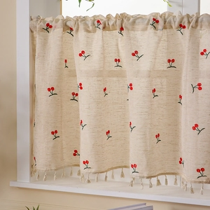 Linen coffee curtain with cherry embroidery and fringe decor for kitchen windows