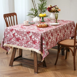 French vintage floral tablecloth with fringe and tropical motifs for dining tables