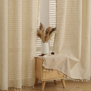 Japanese style beige linen door curtain with tassels and textured fabric for home decor