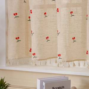 Linen coffee curtain with red cherry embroidery and elegant tassel fringe trim