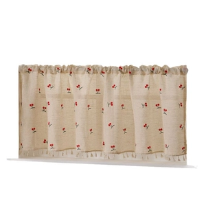 Linen cafe curtain with embroidered cherry patterns and elegant tassel edge for windows