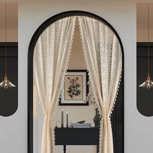 French cream retro lace curtain with scalloped edges and tassels for bedroom decor