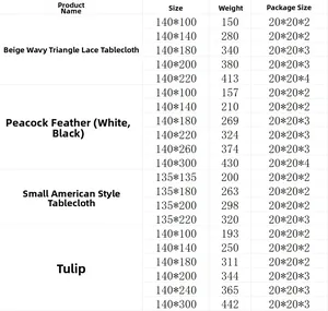 Size chart table detailing dimensions and weights for bohemian lace tablecloth collection