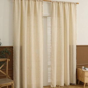 Japanese style beige linen woven door curtain with tassels for living room decor