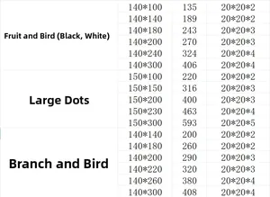 Size chart for bohemian lace tablecloths with floral patterns and fringe details