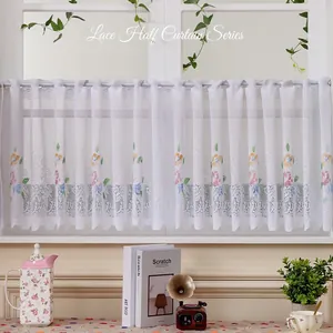 Lace Cafe Curtains For Kitchen American Pastoral Style White Floral Embroidered Half Curtains Small Window Drapes Home Decor