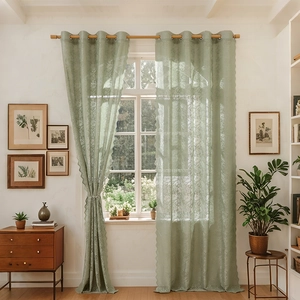 Modern Minimalist Floral Lace Window Curtains Pastoral Sage Green White Semi Sheer Grommet Top Voile Drapes For Bedroom Home Decor