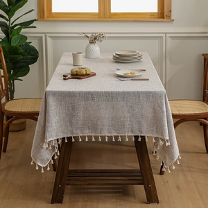 Modern bamboo-pattern linen tablecloth with elegant white tassel trim for dining tables