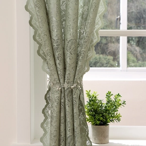 Sage green minimalist lace curtain with floral embroidery and pearl tieback for balcony