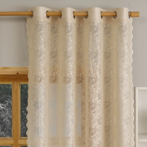 Modern minimalist summer lace window curtain with floral embroidery and silver metal grommets