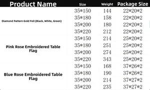 Size chart table detailing dimensions and weights for gold foil and rose embroidery runners