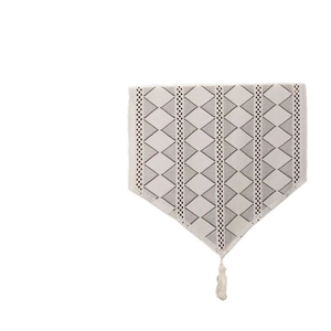 Modern lace table runner with black geometric triangles and decorative tassel detail