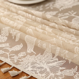 Bohemian beige lace tablecloth with floral bird patterns and elegant fringe tassels