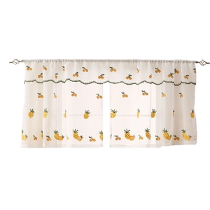 Creamy semi-sheer cafe curtain with embroidered pineapple and cherry patterns for windows