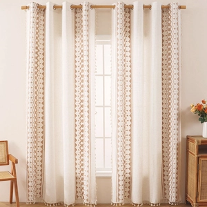 Bohemian linen curtains with brown geometric embroidery and elegant tassels