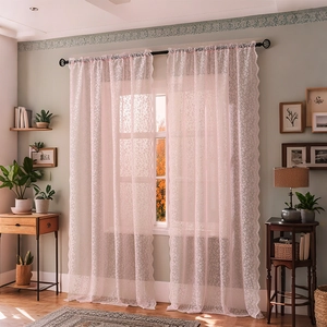 French Style Floral Lace Curtains Semi Transparent Scalloped Edge Rod Pocket Pink White Sheer Panels For Living Room Bedroom