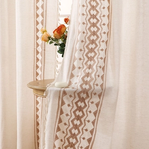 Bohemian linen curtain with geometric diamond embroidery and elegant fringe tassels