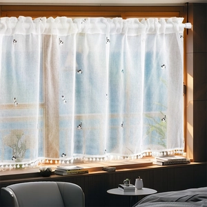 Embroidered black and white cat pattern cafe curtain with white pom-pom fringe trim
