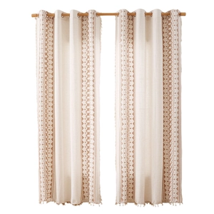 Linen boho curtains with brown geometric embroidery and elegant tassel fringe