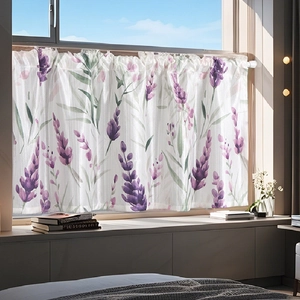 Short cafe curtain with lavender floral print on white sheer fabric in a bright kitchen