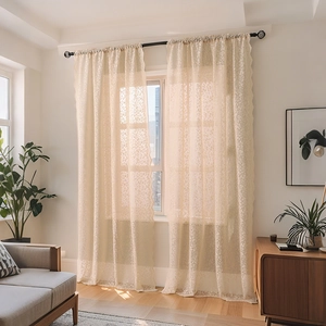 Creamy beige floral lace curtains for living room with elegant scalloped wave edges