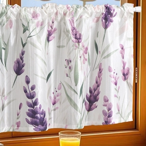 Short cafe curtain with lavender print on white fabric for rustic kitchen decor