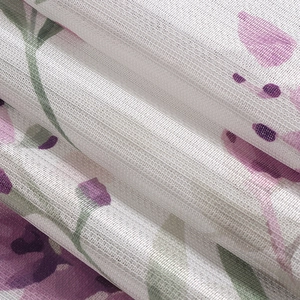 Elegant lavender floral print cafe curtain in semi-transparent white polyester fabric