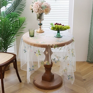 Pastoral Floral Butterfly Embroidery Lace Mesh Tablecloth Elegant Semi-Sheer Table Cover For Home Kitchen Wedding Decor