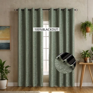Sage green relief jacquard 100% blackout curtains with delicate leaf pattern for bedroom