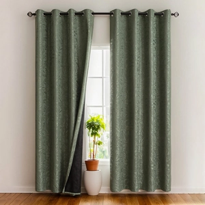 Olive green blackout curtains with jacquard leaf pattern and metal grommets for living room