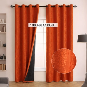 Orange floral relief jacquard 100% blackout curtain with hanging rings and black coating