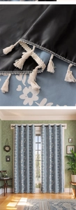 Detail of light blue floral curtains with black blackout lining and white tassel fringe