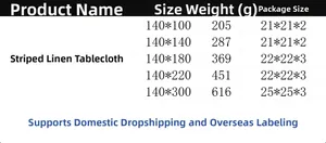 Size guide for striped linen tablecloth available in dimensions from 140x100 to 140x300 cm