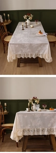 Detail of elegant cream lace tablecloth with floral patterns and ruffled edges